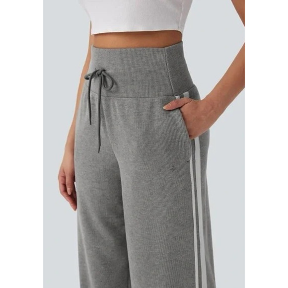 Halara Ribbed High Waisted Tummy Control Drawstring Wide Leg Fleece Trousers M - Picture 3 of 5
